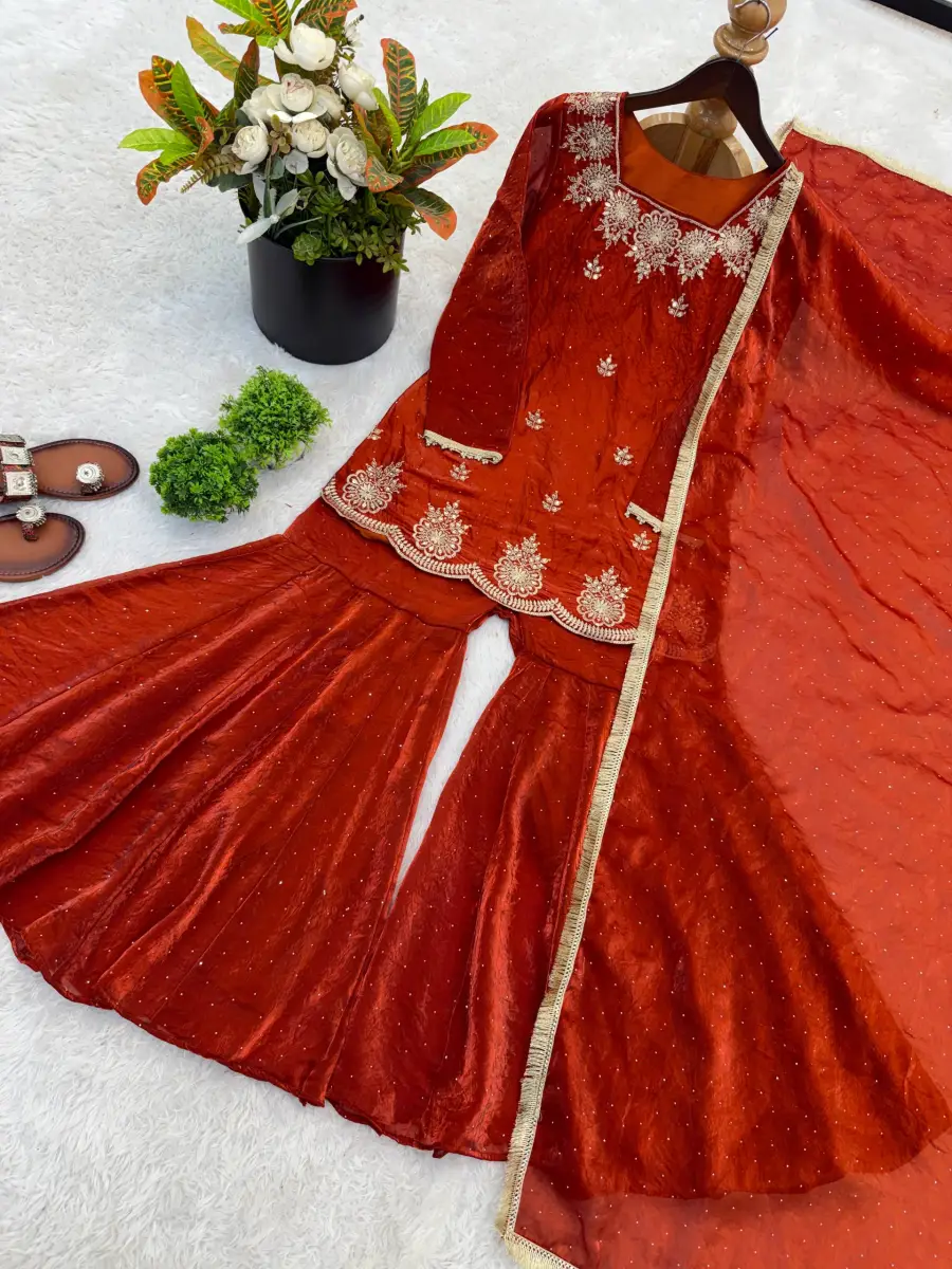 DESIGNER FENDY SILK EMBROIDERY SEQUENCE WITH ZARKAN DIAMOND WORK TOP SHARARA WITH DUPATTA FESTIVE WEAR WHOLESALE PRICE ETHNIC GARMENT (13)