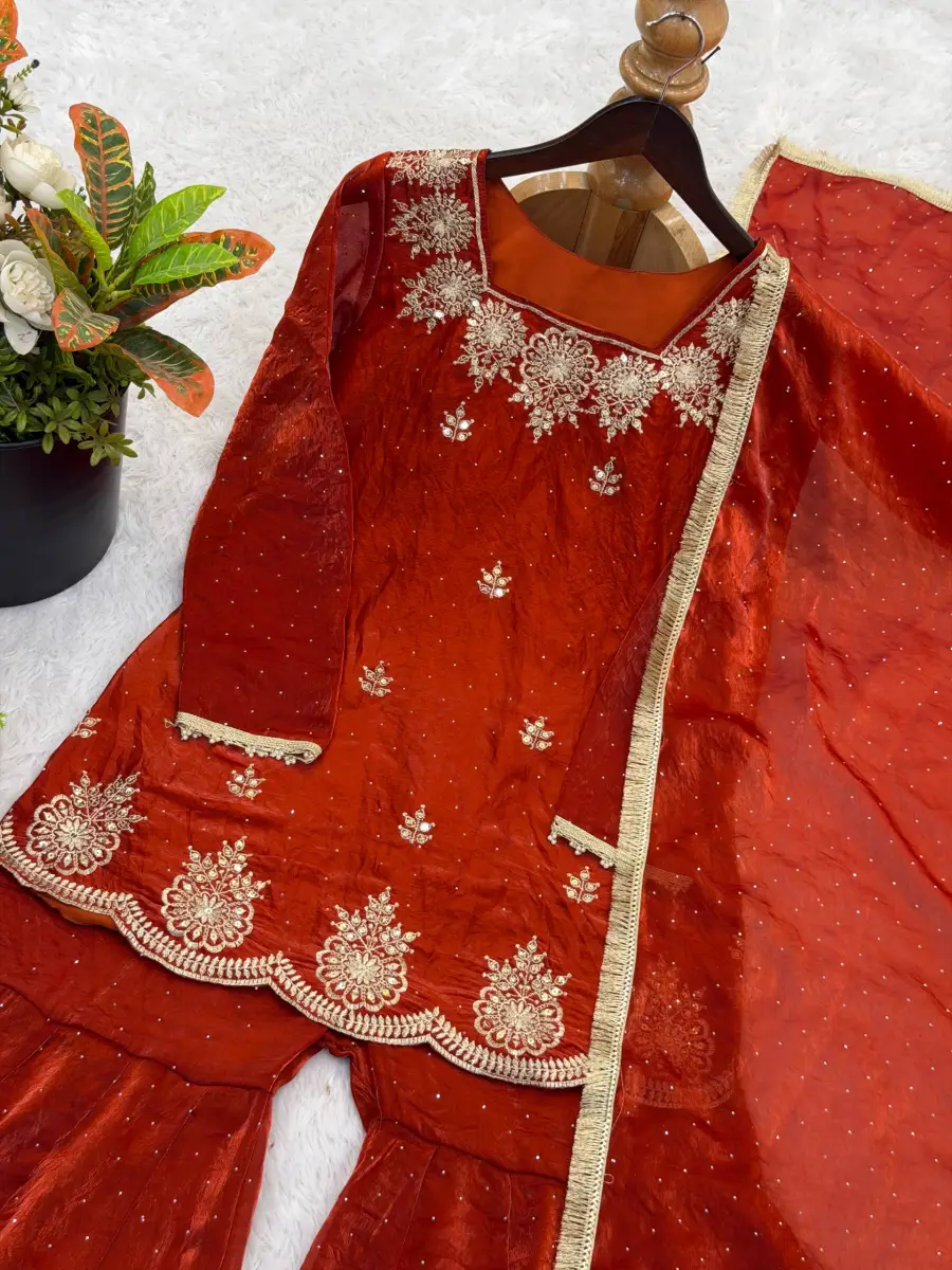 DESIGNER FENDY SILK EMBROIDERY SEQUENCE WITH ZARKAN DIAMOND WORK TOP SHARARA WITH DUPATTA FESTIVE WEAR WHOLESALE PRICE ETHNIC GARMENT (14)