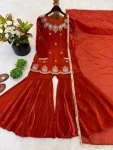 DESIGNER FENDY SILK EMBROIDERY SEQUENCE WITH ZARKAN DIAMOND WORK TOP SHARARA WITH DUPATTA FESTIVE WEAR WHOLESALE PRICE ETHNIC GARMENT (2)
