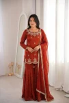 DESIGNER FENDY SILK EMBROIDERY SEQUENCE WITH ZARKAN DIAMOND WORK TOP SHARARA WITH DUPATTA GAJARI