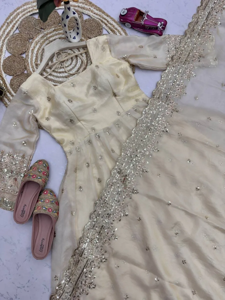 DESIGNER FENDY SILK EMBROIDERY SEQUENCE WORK GOWN BOTTOM WITH DUPATTA WEDDING WEAR WHOLESALE PRICE ETHNIC GARMENT (10)