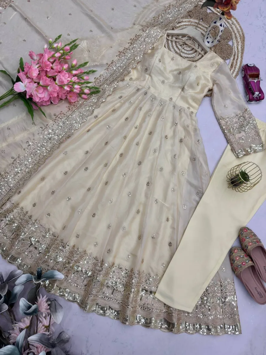 DESIGNER FENDY SILK EMBROIDERY SEQUENCE WORK GOWN BOTTOM WITH DUPATTA WEDDING WEAR WHOLESALE PRICE ETHNIC GARMENT (12)