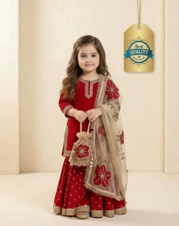 DESIGNER FENDY SILK EMBROIDERY SEQUENCE WORK  KID'S TOP SHARARA WITH DUPATTA RED
