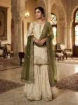 DESIGNER FENDY SILK EMBROIDERY SEQUENCE WORK TOP SHARARA WITH DUPATTA MEHNDI AND OFF WHITE