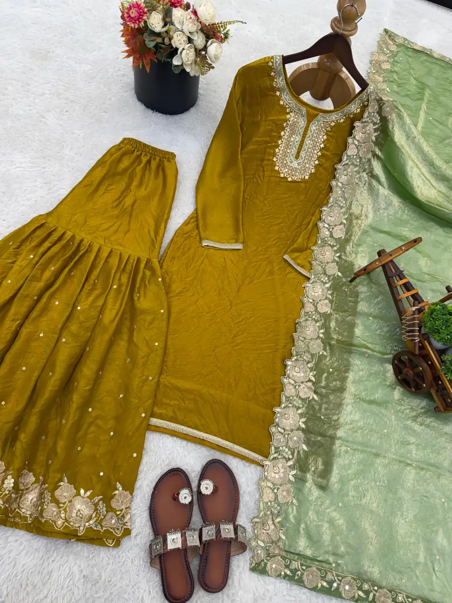 DESIGNER FENDY SILK EMBROIDERY SEQUENCE WORK TOP SHARARA WITH DUPATTA FESTIVE WEAR WHOLESALE PRICE ETHNIC GARMENT (17)