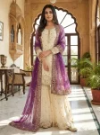 DESIGNER FENDY SILK EMBROIDERY SEQUENCE WORK TOP SHARARA WITH DUPATTA PURPLE AND OFF WHITE
