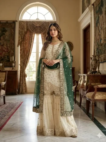 DESIGNER FENDY SILK EMBROIDERY SEQUENCE WORK TOP SHARARA WITH DUPATTA GREEN AND OFF WHITE