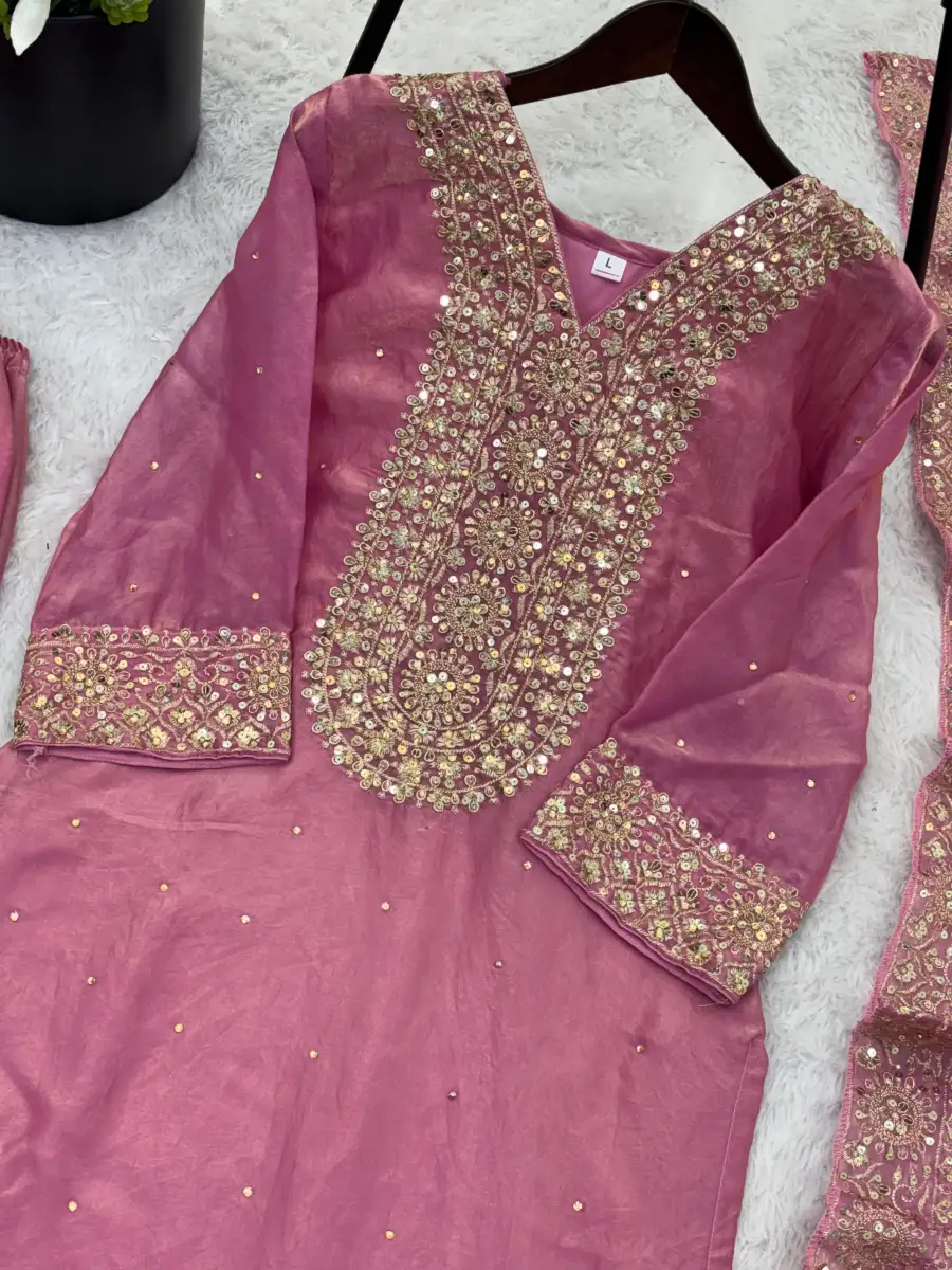 DESIGNER FENDY SILK EMBROIDERY SEQUENCE WORK WITH HAND DIAMOND WORK TOP PALAZZO WITH DUPATTA FESTIVE WEAR WHOLESALE PRICE ETHNIC GARMENT (15)