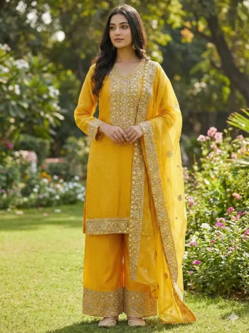 DESIGNER FENDY SILK EMBROIDERY SEQUENCE WORK WITH HAND DIAMOND WORK TOP PALAZZO WITH DUPATTA YELLOW