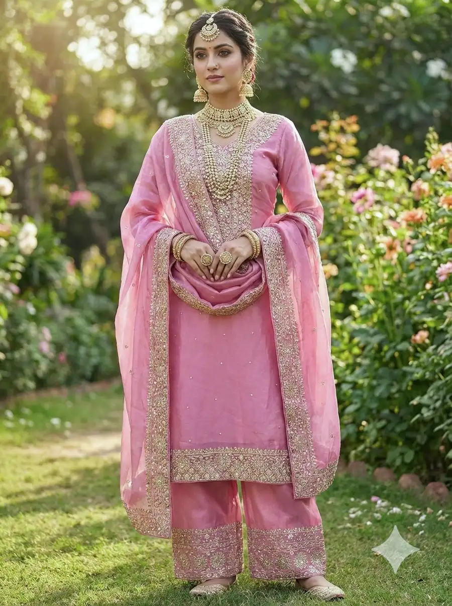 DESIGNER FENDY SILK EMBROIDERY SEQUENCE WORK WITH HAND DIAMOND WORK TOP PALAZZO WITH DUPATTA FESTIVE WEAR WHOLESALE PRICE ETHNIC GARMENT (9)