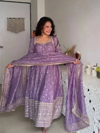 DESIGNER FENDY SILK SEQUENCE EMBROIDERY WORK GOWN BOTTOM WITH DUPATTA PURPLE