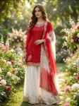 DESIGNER FRENCH CREPE EMBROIDERY SEQUENCE WORK TOP PALAZZO WITH DUPATTA  RED