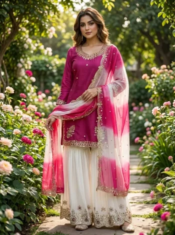 DESIGNER FRENCH CREPE EMBROIDERY SEQUENCE WORK TOP PALAZZO WITH DUPATTA  PINK