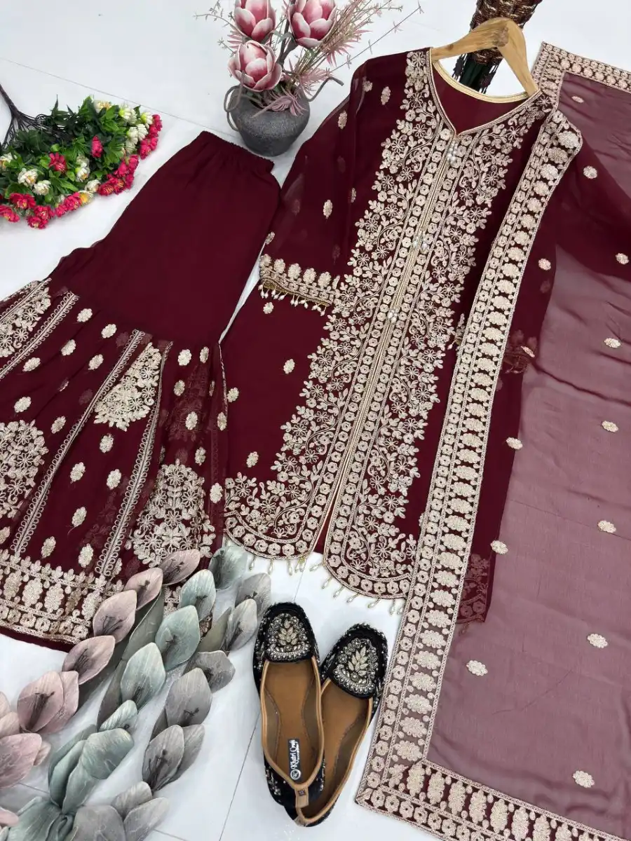 DESIGNER GEORGETTE CHAIN SEQUENCE WORK WITH FANCY LATKAN AND LACE BORDER WORK TOP SHARARA WITH DUPATTA FESTIVE WEAR WHOLESALE PRICE ETHNIC GARMENT (6)