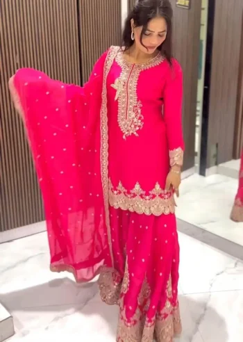 DESIGNER GEORGETTE EMBROIDERY AND 5 MM SEQUENCE WORK TOP PALAZZO WITH DUPATTA RANI