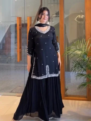 DESIGNER GEORGETTE EMBROIDERY CODING & SEQUENCE WORK TOP PALAZZO WITH DUPATTA BLACK