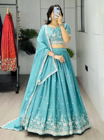 DESIGNER GEORGETTE EMBROIDERY PIPE BEAD WITH TRADITIONAL WORK LEHENGA CHOLI WITH DUPATTA SKY