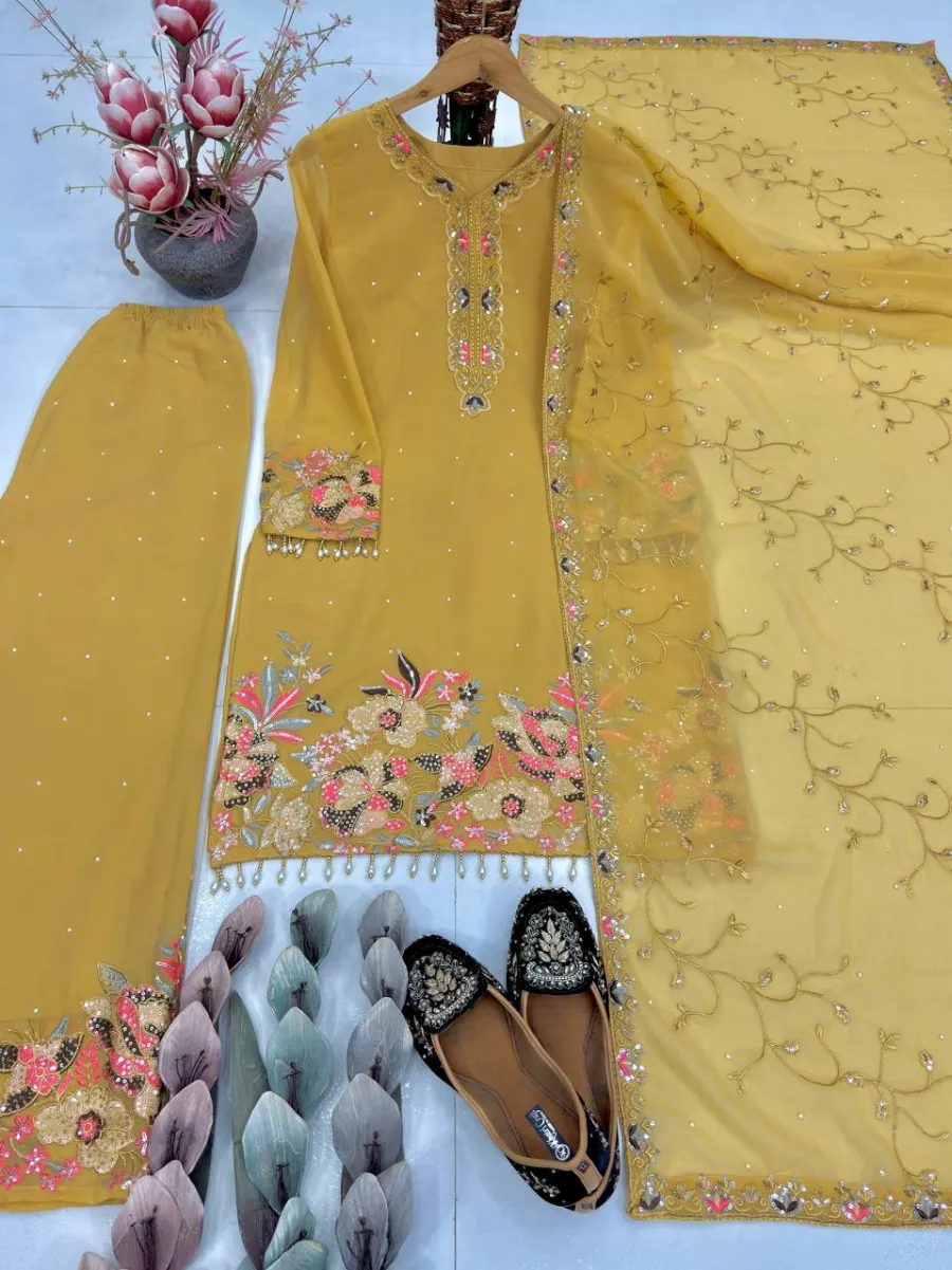 DESIGNER GEORGETTE EMBROIDERY SEQUENCE WITH PEARL MOTI HAND WORK AND FANCY LACE BORDER WORK TOP PALAZZO WITH DUPATTA FESTIVE WEAR WHOLESALE PRICE ETHNIC GARMENT (17)