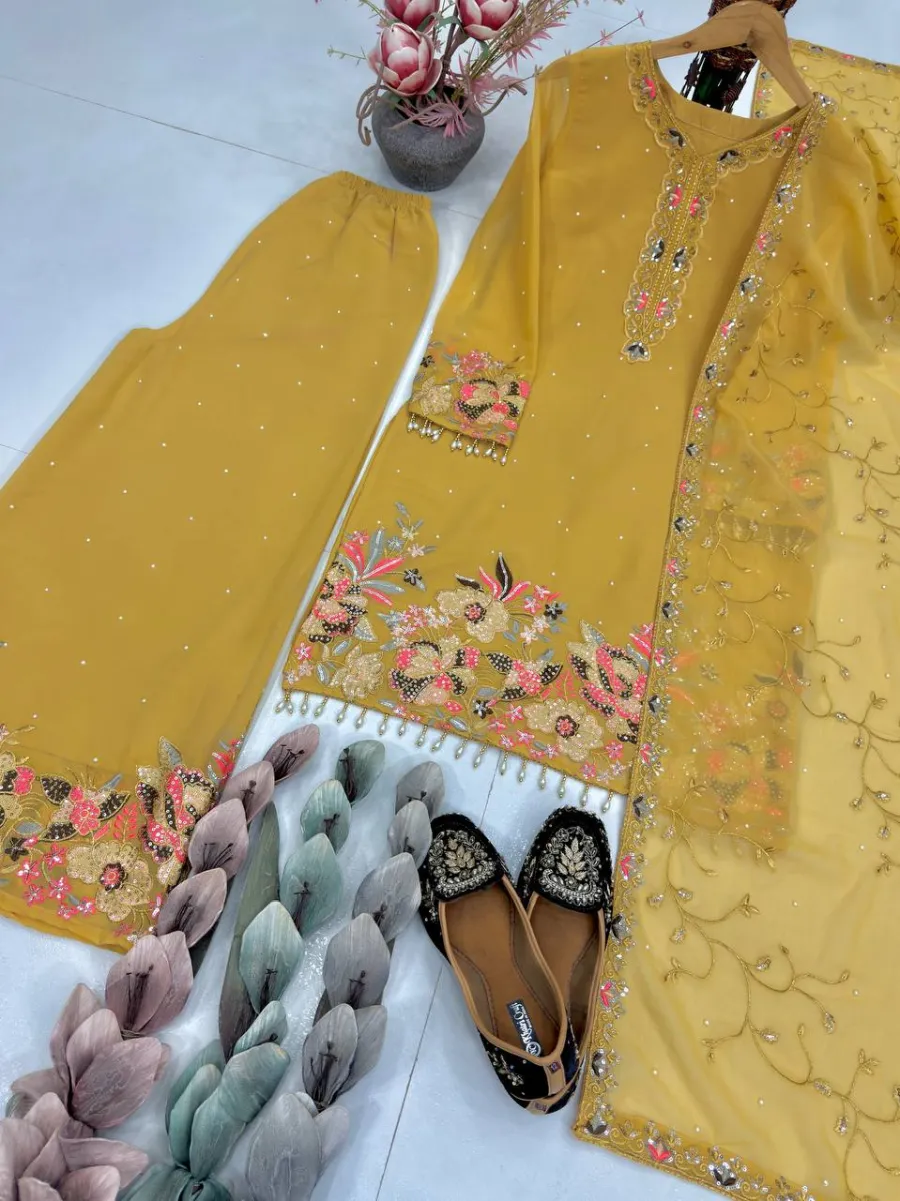 DESIGNER GEORGETTE EMBROIDERY SEQUENCE WITH PEARL MOTI HAND WORK AND FANCY LACE BORDER WORK TOP PALAZZO WITH DUPATTA FESTIVE WEAR WHOLESALE PRICE ETHNIC GARMENT (18)