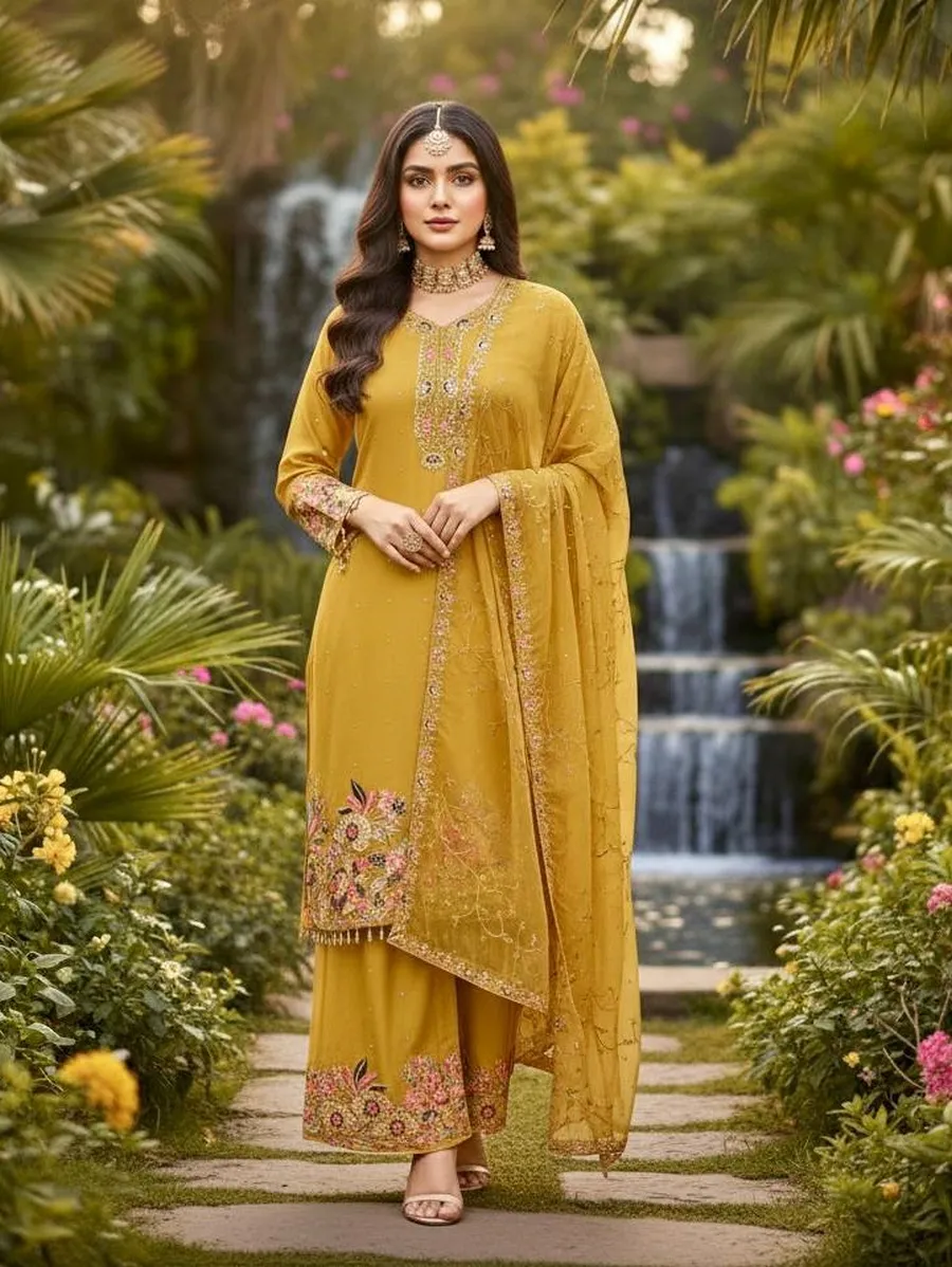 DESIGNER GEORGETTE EMBROIDERY SEQUENCE WITH PEARL MOTI HAND WORK AND FANCY LACE BORDER WORK TOP PALAZZO WITH DUPATTA FESTIVE WEAR WHOLESALE PRICE ETHNIC GARMENT (7)