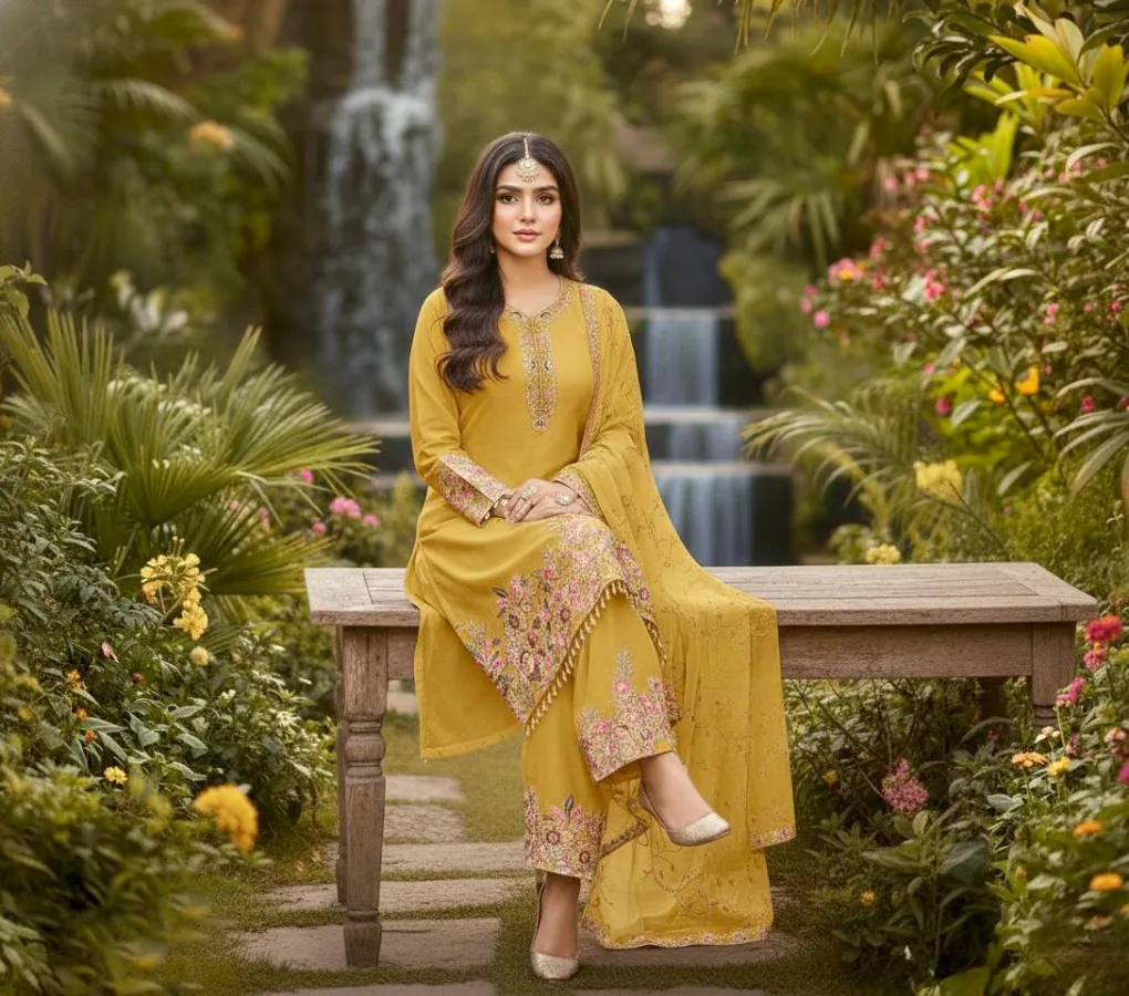 DESIGNER GEORGETTE EMBROIDERY SEQUENCE WITH PEARL MOTI HAND WORK AND FANCY LACE BORDER WORK TOP PALAZZO WITH DUPATTA FESTIVE WEAR WHOLESALE PRICE ETHNIC GARMENT (8)