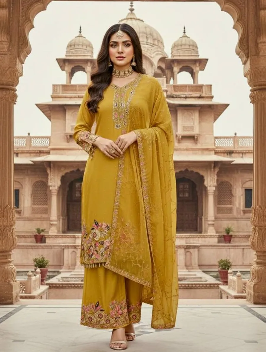 DESIGNER GEORGETTE EMBROIDERY SEQUENCE WITH PEARL MOTI HAND WORK AND FANCY LACE BORDER WORK TOP PALAZZO WITH DUPATTA FESTIVE WEAR WHOLESALE PRICE ETHNIC GARMENT (9)