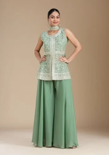 DESIGNER GEORGETTE EMBROIDERY SEQUENCE WORK TOP PALAZZO WITH DUPATTA PISTA