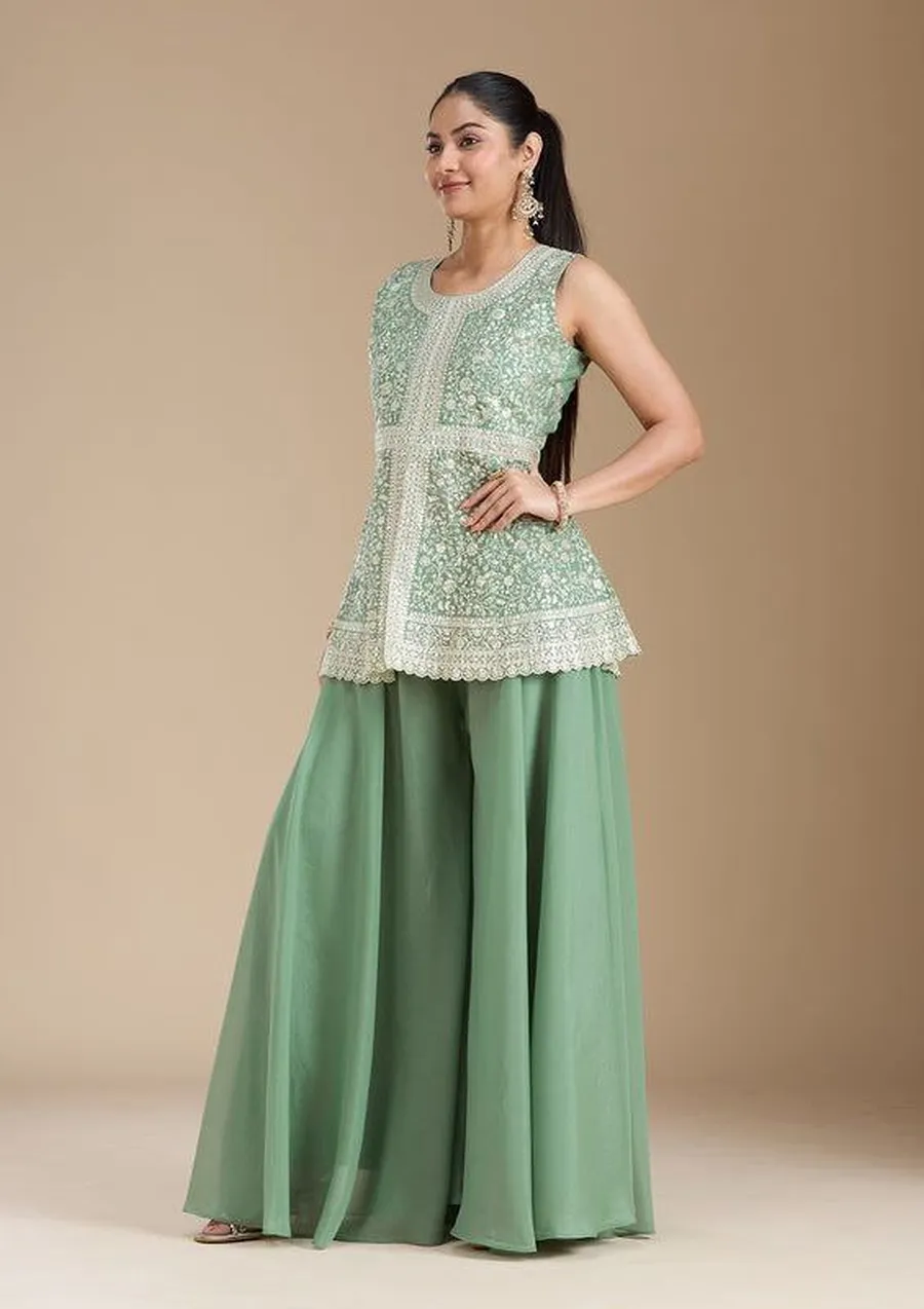 DESIGNER GEORGETTE EMBROIDERY SEQUENCE WORK TOP PALAZZO WITH DUPATTA WEDDING WEAR WHOLESALE PRICE ETHNIC GARMENT (6)