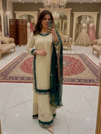 DESIGNER GEORGETTE EMBROIDERY SEQUENCE WORK WITH HAND WORK TOP PALAZZO WITH DUPATTA CREAM AND TEAL