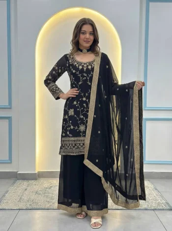DESIGNER GEORGETTE EMBROIDERY SEQUENCE ZARI WORK TOP PALAZZO WITH DUPATTA BLACK