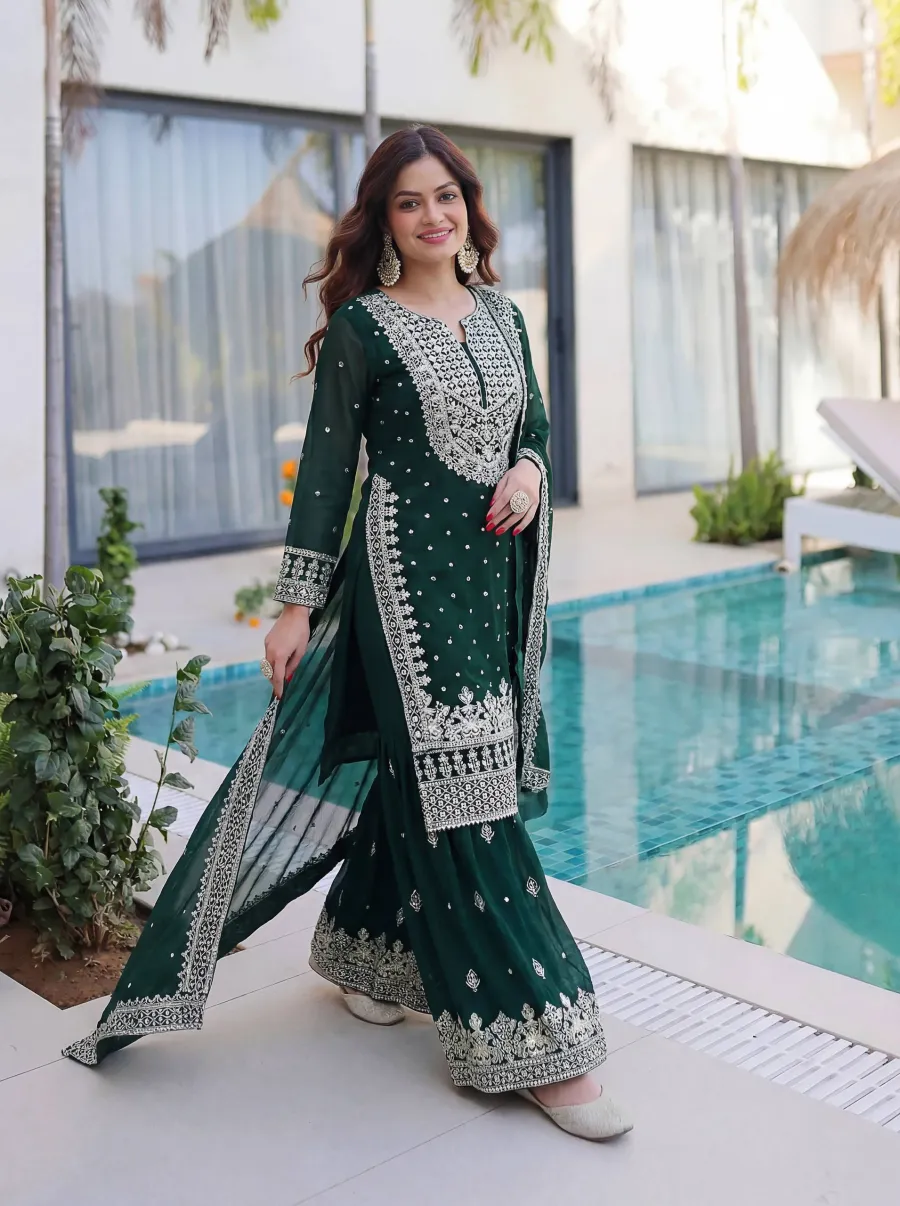 DESIGNER GEORGETTE EMBROIDERY SEQUENCE ZARI WORK TOP SHARARA WITH DUPATTA FESTIVE WEAR WHOLESALE PRICE ETHNIC GARMENT (15)