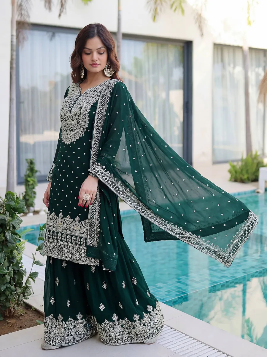 DESIGNER GEORGETTE EMBROIDERY SEQUENCE ZARI WORK TOP SHARARA WITH DUPATTA FESTIVE WEAR WHOLESALE PRICE ETHNIC GARMENT (17)