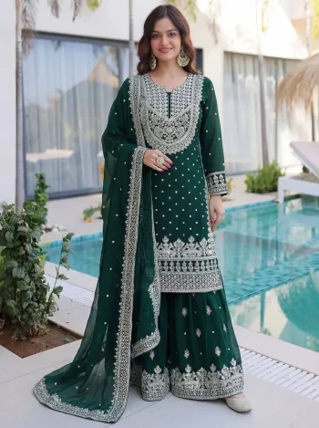 DESIGNER GEORGETTE EMBROIDERY SEQUENCE ZARI WORK TOP SHARARA WITH DUPATTA GREEN