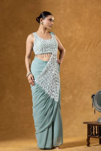 DESIGNER GEORGETTE EMBROIDERY THREAD & SEQUENCE WORK READY TO WEAR SAREE WITH STITCHED BLOUSE SEA GREEN