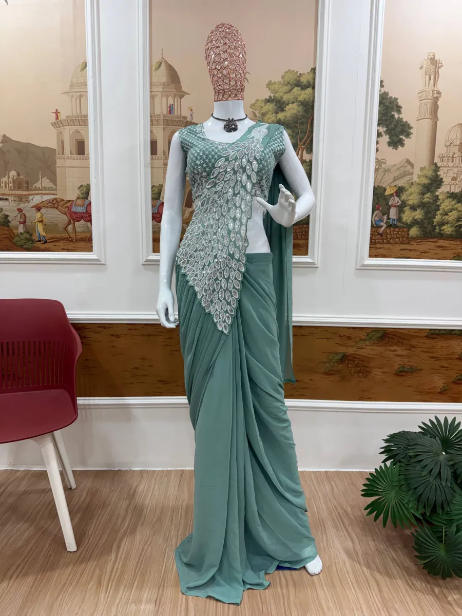 DESIGNER GEORGETTE EMBROIDERY THREAD & SEQUENCE WORK READY TO WEAR SAREE WITH STITCHED BLOUSE PARTY WEAR WHOLESALE PRICE ETHNIC GARMENT (10)