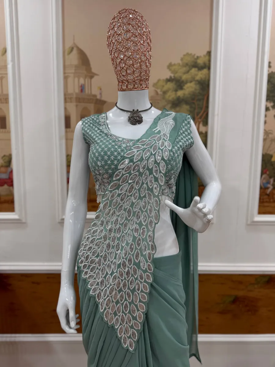 DESIGNER GEORGETTE EMBROIDERY THREAD & SEQUENCE WORK READY TO WEAR SAREE WITH STITCHED BLOUSE PARTY WEAR WHOLESALE PRICE ETHNIC GARMENT (12)