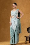 DESIGNER GEORGETTE EMBROIDERY THREAD & SEQUENCE WORK READY TO WEAR SAREE WITH STITCHED BLOUSE PARTY WEAR WHOLESALE PRICE ETHNIC GARMENT (1)