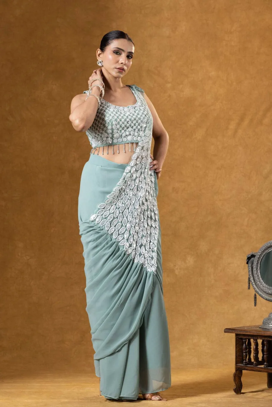DESIGNER GEORGETTE EMBROIDERY THREAD & SEQUENCE WORK READY TO WEAR SAREE WITH STITCHED BLOUSE PARTY WEAR WHOLESALE PRICE ETHNIC GARMENT (2)