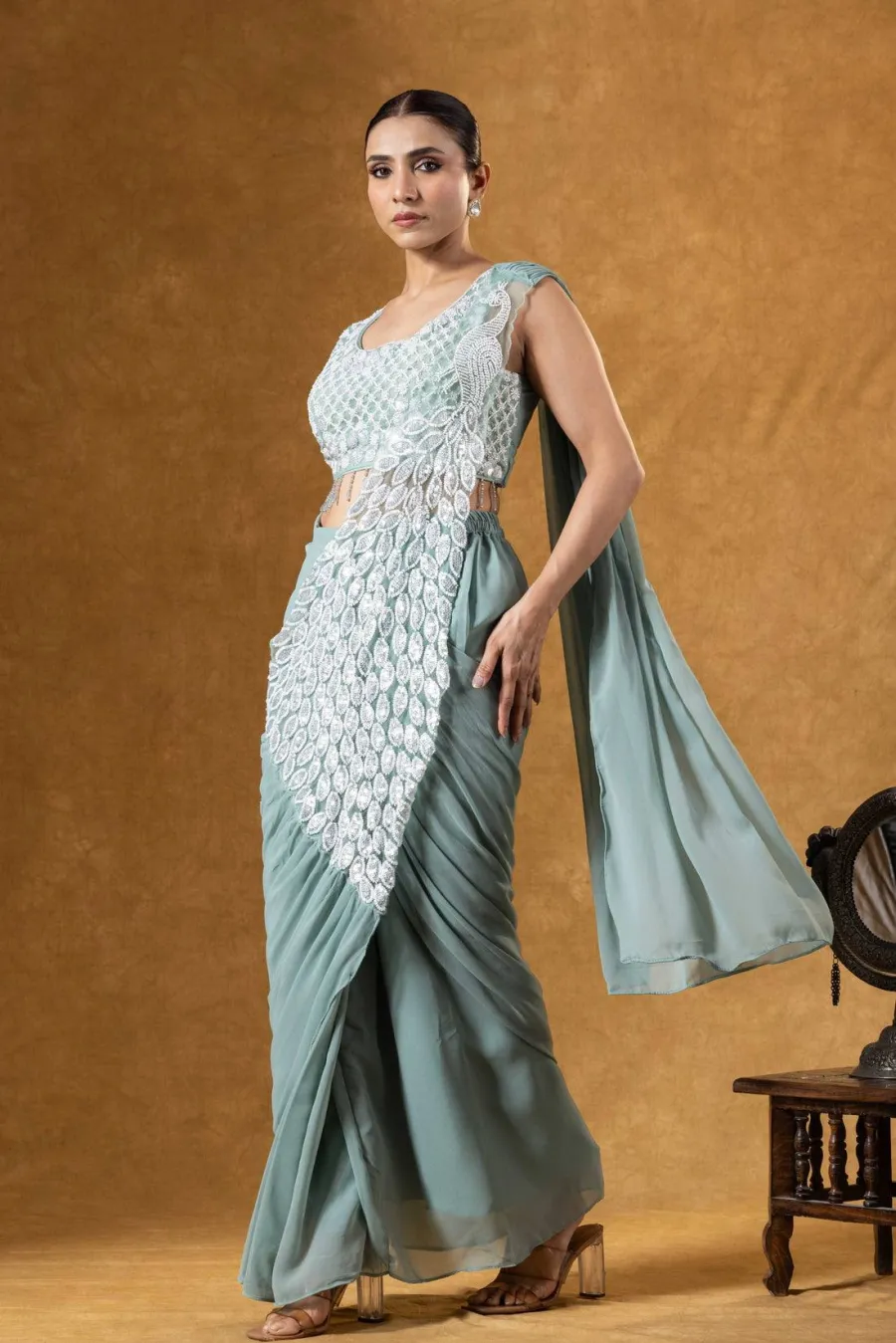 DESIGNER GEORGETTE EMBROIDERY THREAD & SEQUENCE WORK READY TO WEAR SAREE WITH STITCHED BLOUSE PARTY WEAR WHOLESALE PRICE ETHNIC GARMENT (3)