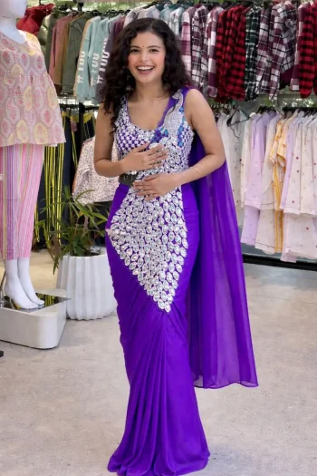 DESIGNER GEORGETTE EMBROIDERY THREAD & SEQUENCE WORK READY TO WEAR SAREE WITH STITCHED BLOUSE PURPLE