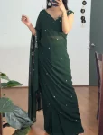 DESIGNER GEORGETTE EMBROIDERY WITH REAL MIRROR & PEARLS HAND WORK STYLE READY TO WEAR SAREE WITH STITCHED BLOUSE GREEN