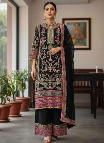 DESIGNER GEORGETTE EMBROIDERY WORK & REAL MIRROR WORK TOP PALAZZO WITH DUPATTA BLACK
