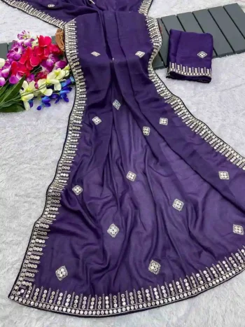 DESIGNER GEORGETTE SEQUENCE EMBROIDERY CONTRAST PALLU WORK SAREE WITH UNSTITCHED BLOUSE PURPLE