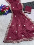 DESIGNER GEORGETTE SEQUENCE EMBROIDERY CONTRAST PALLU WORK SAREE WITH UNSTITCHED BLOUSE PINK