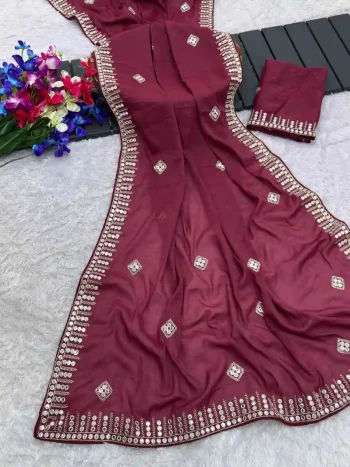 DESIGNER GEORGETTE SEQUENCE EMBROIDERY CONTRAST PALLU WORK SAREE WITH UNSTITCHED BLOUSE PINK