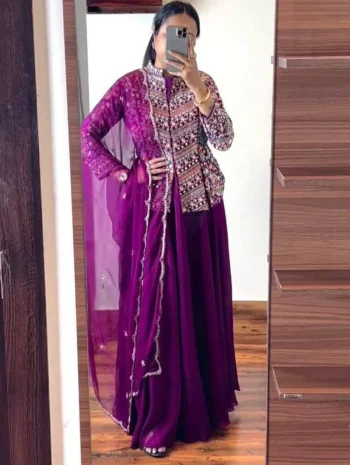 DESIGNER GEORGETTE SEQUENCE WORK TOP SEMI STITCHED LEHENGA WITH DUPATTA PURPLE