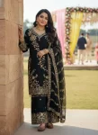 DESIGNER GEORGETTE SEQUENCE & ZARI EMBROIDERY WORK WITH HANDMADE MOTI LACE WORK TOP PALAZZO WITH DUPATTA BLACK