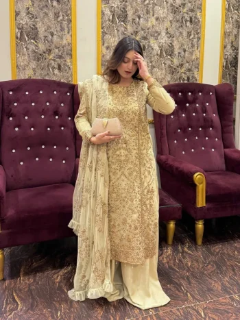 DESIGNER GEORGETTE SEQUENCE & ZARI EMBROIDERY WORK WITH HANDMADE MOTI LATKAN LACE WORK TOP PALAZZO WITH DUPATTA CREAM