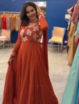 DESIGNER GEORGETTE SILK MOTI HAND WORK GOWN WITH DUPATTA GAJARI