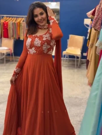 DESIGNER GEORGETTE SILK MOTI HAND WORK GOWN WITH DUPATTA GAJARI